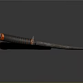 Curved Blade Weapon With Orange Black Striped Handle And Black Sheath