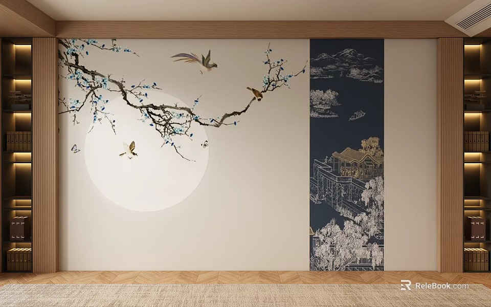 Traditional Background Wall With Branches Blue Blossoms Flying Birds White Moon And Blue Building Design 3d model 