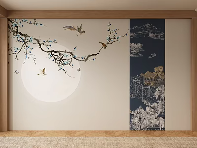 Traditional Background Wall With Branches Blue Blossoms Flying Birds White Moon And Blue Building Design 3d model
