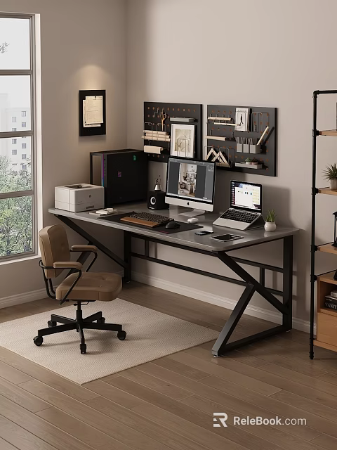 Modern Office Desk Setup With Desktop Computer Laptop Printer And Office Chair By Window 3d model 