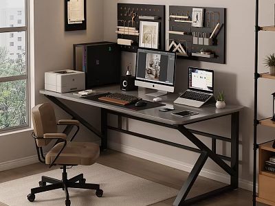 Modern Office Desk Setup With Desktop Computer Laptop Printer And Office Chair By Window 3d model
