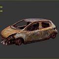 Rusted Abandoned Car With Broken Windows Damaged Front And Body On Gray Background With Reflection