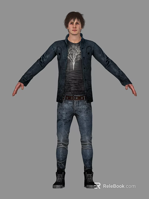 Man in Black Jacket With White Tree Pattern T Shirt Brown Belt And Blue Jeans 3d model 