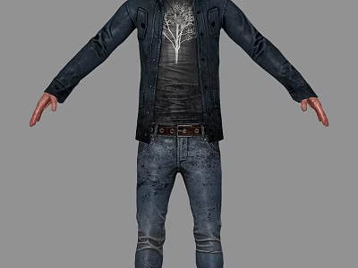 Man in Black Jacket With White Tree Pattern T Shirt Brown Belt And Blue Jeans 3d model