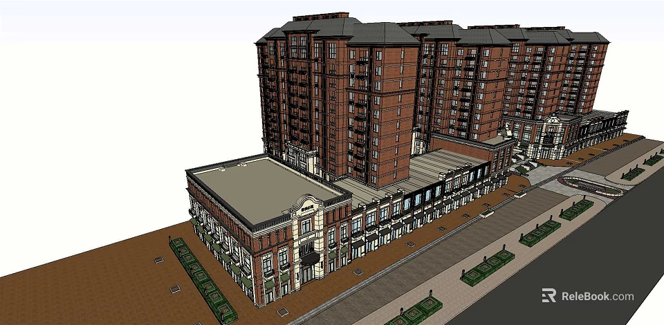 Multi Story Red Brick Residential Building With Commercial Podium And Street Green Belt 3d model 