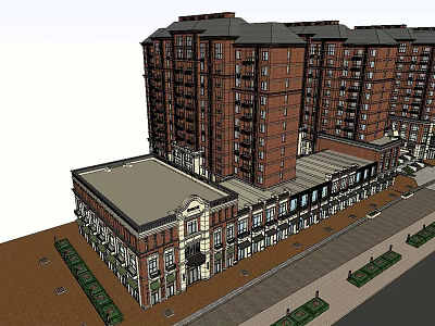 Multi Story Red Brick Residential Building With Commercial Podium And Street Green Belt 3d model