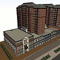 Multi Story Red Brick Residential Building With Commercial Podium And Street Green Belt