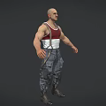 Bald Man With Red Tank Top White Suspenders Gray Cargo Pants Knee Pads And Boots