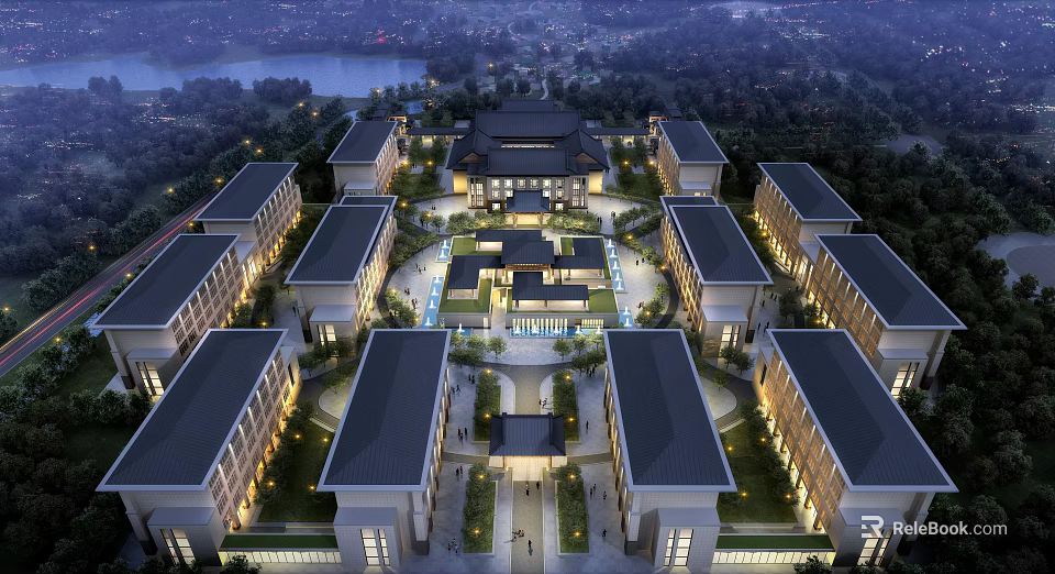 Large Symmetrical Campus Building Complex With Central Courtyard And Waterfront View 3d model 