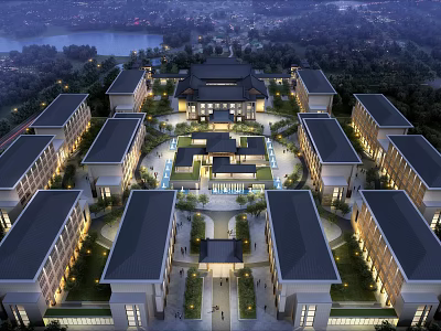 Large Symmetrical Campus Building Complex With Central Courtyard And Waterfront View 3d model