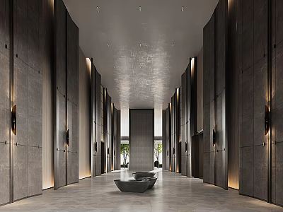 Modern Elegant Elevator Hallway With Dark Walls Lighting Strips And Polished Floors 3d model