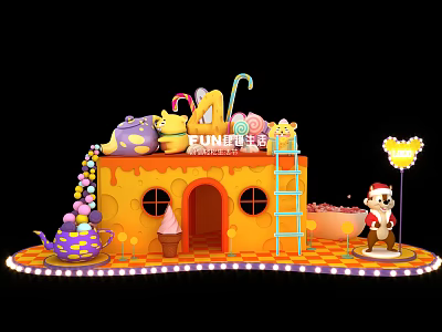 Colorful FUNLAND Cartoon Building With Orange House Ladder Ice Cream Teapot And Animal Statue Lights 3d model