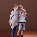 Two Kids Standing Close Looking At Red Smartphone Together Against Brown Background