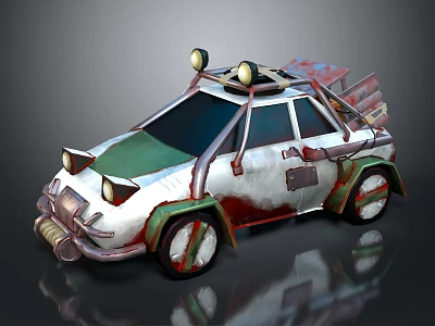 Post Apocalyptic Modified Car With Roof Lights Custom Bumper And Unique Wheel Design 3d model
