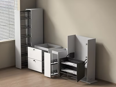 Modern Kitchen Cabinets With Open Shelves Drawers And Wooden Floor Design 3d model