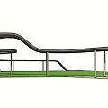 Modern Curved Pergola Design With Seating Area Green Lawn And Paved Ground