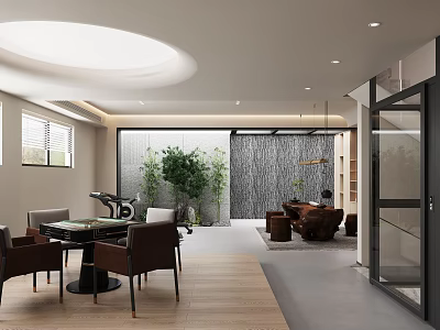 Modern Recreation Room Interior With Mahjong Table Chairs And Plants 3d model