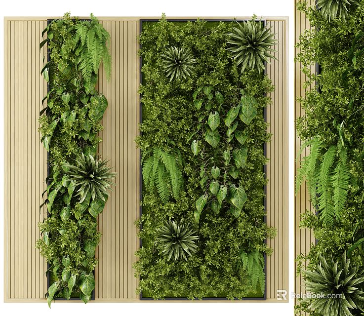 Vertical Interior Decorative Living Plant Wall with Diverse Green Foliage and Wooden Accents 3d model 