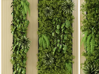 Vertical Interior Decorative Living Plant Wall with Diverse Green Foliage and Wooden Accents 3d model