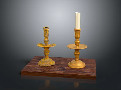 Decorative Golden Candle Holders With White Candle On Wooden Base 3d model