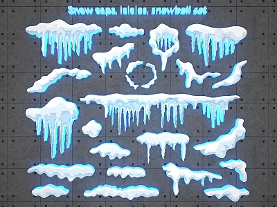 Winter Decorative Set Featuring Snow Caps Icicles And Snowbank Elements 3d model