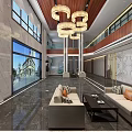 Elegant Lobby Reception Area With Chandeliers Sofas Marble Flooring And Large Windows 3d model