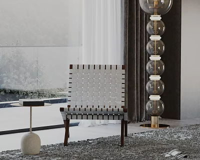 Leisure Chair With Woven Back Wooden Legs And Side Table By Large Window On Rug 3d model