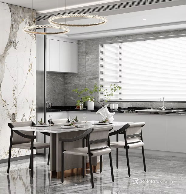 Modern Restaurant Dining Area Interior With Marble Table Chairs White Cabinets And Window Blinds 3d model 