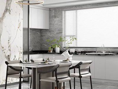 Modern Restaurant Dining Area Interior With Marble Table Chairs White Cabinets And Window Blinds 3d model