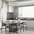 Modern Restaurant Dining Area Interior With Marble Table Chairs White Cabinets And Window Blinds
