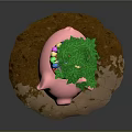 Pink Pig Decorative Ornament With Green Leaves On Brown Stone Base