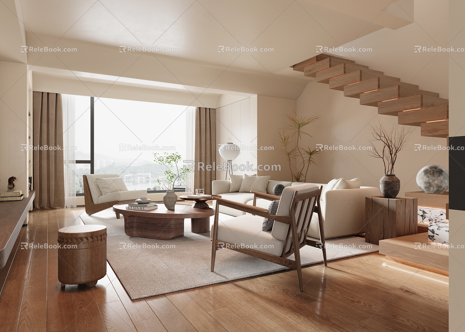 Villa Living Room Sofa Coffee Table Combination Three-person Sofa Single Sofa Green Plant Coffee Table Stairs 3d model