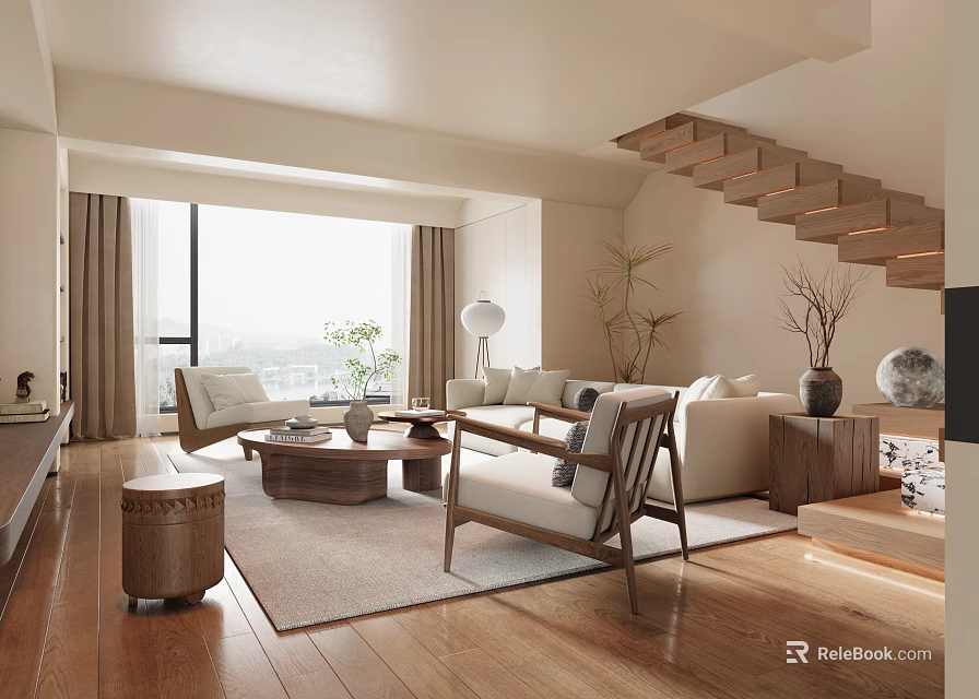 Spacious Duplex Living Room Interior With Staircase Sofa Coffee Table And Large Window 3d model 