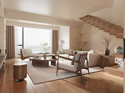 Spacious Duplex Living Room Interior With Staircase Sofa Coffee Table And Large Window 3d model