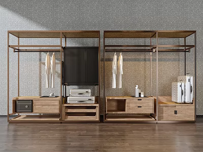 Modern Wooden Wardrobe Structure With Hanging Rods Drawers And Storage Compartments 3d model