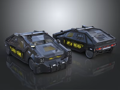 Two Black Futuristic Police Car Models With Yellow Graphics And Reflective Surface 3d model