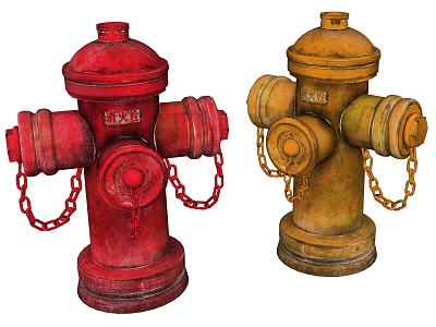 Red and Yellow Fire Hydrants with Hanging Chains as Essential Fire Safety Equipment 3d model