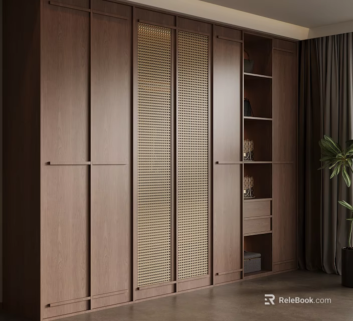 Modern Wooden Wardrobe With Rattan Doors And Open Shelves Interior Design 3d model 