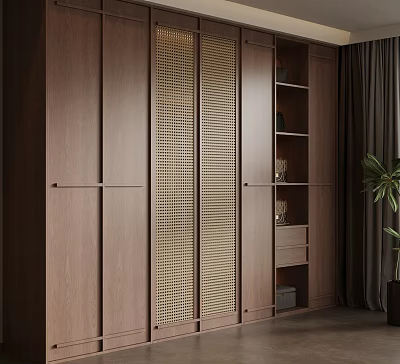 Modern Wooden Wardrobe With Rattan Doors And Open Shelves Interior Design 3d model