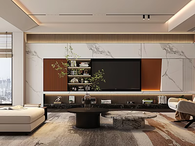 Modern Living Room Interior With Marble TV Wall Wooden Accents Green Plants And Patterned Rug 3d model