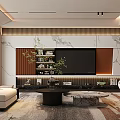 Modern Living Room Interior With Marble TV Wall Wooden Accents Green Plants And Patterned Rug