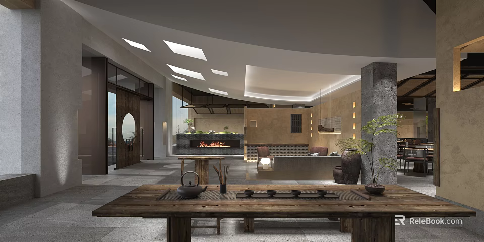 Modern Restaurant Interior With Skylights Fireplace And Wooden Dining Table 3d model 