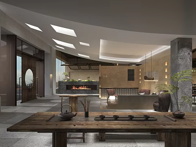 Modern Restaurant Interior With Skylights Fireplace And Wooden Dining Table 3d model