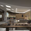 Modern Restaurant Interior With Skylights Fireplace And Wooden Dining Table