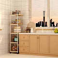 Organized Kitchenware On Multi Tiered Shelf With Beige Cabinets And City Skyline View