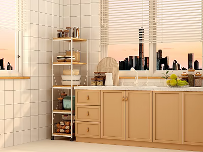 Organized Kitchenware On Multi Tiered Shelf With Beige Cabinets And City Skyline View 3d model