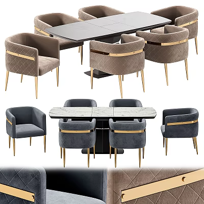 Modern Luxury Dining Table Set With Marble Top And Grey Upholstered Gold Leg Chairs 3d model