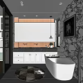 Modern Bathroom Interior With Large Mirror Marble Countertop Double Sinks And White Bathtub