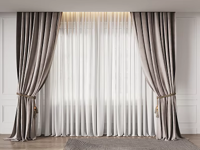 Double Layer Gray Curtains With White Sheer Panels And Tassel Ties On Wooden Floor 3d model