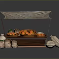 Traditional Street Food Stall With Canopy Wooden Display And Food Bowls Sacks
